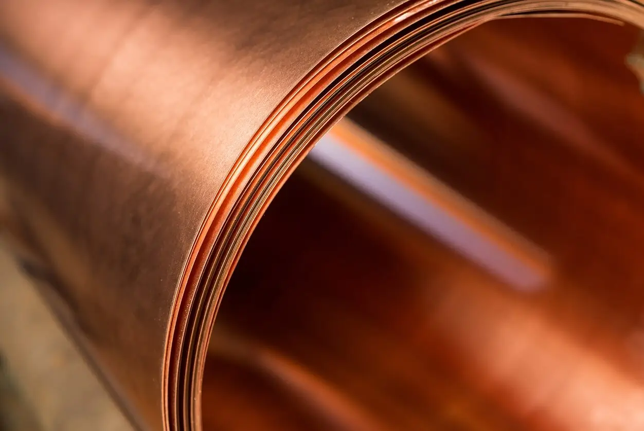 Rolled copper alloy sheet with a smooth, polished finish.