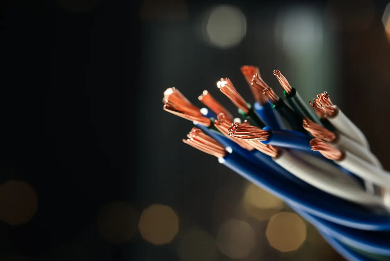Close-up of exposed copper wire ends from blue and white electrical cables.