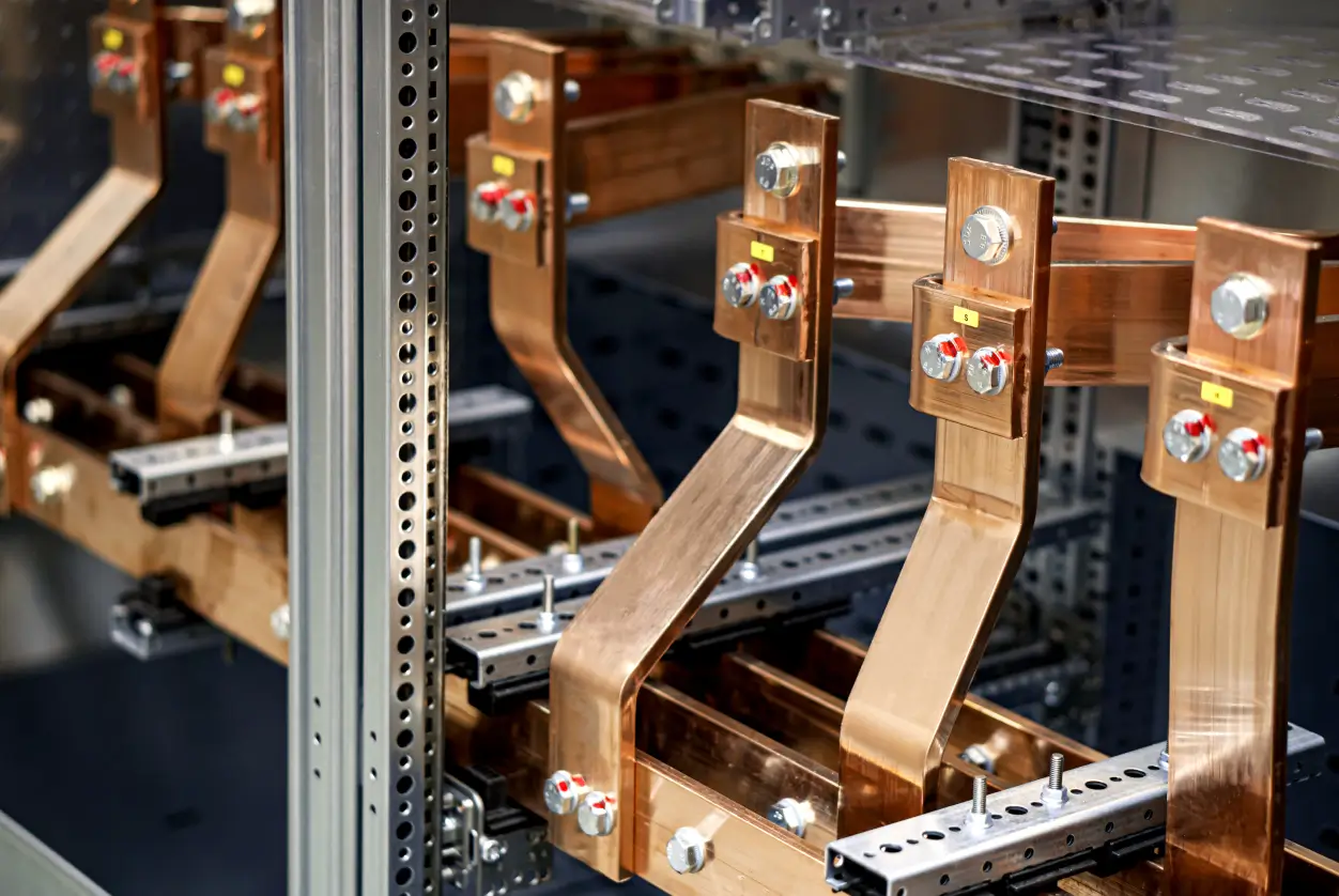 Copper busbars and electrical connections mounted inside an industrial power distribution panel.